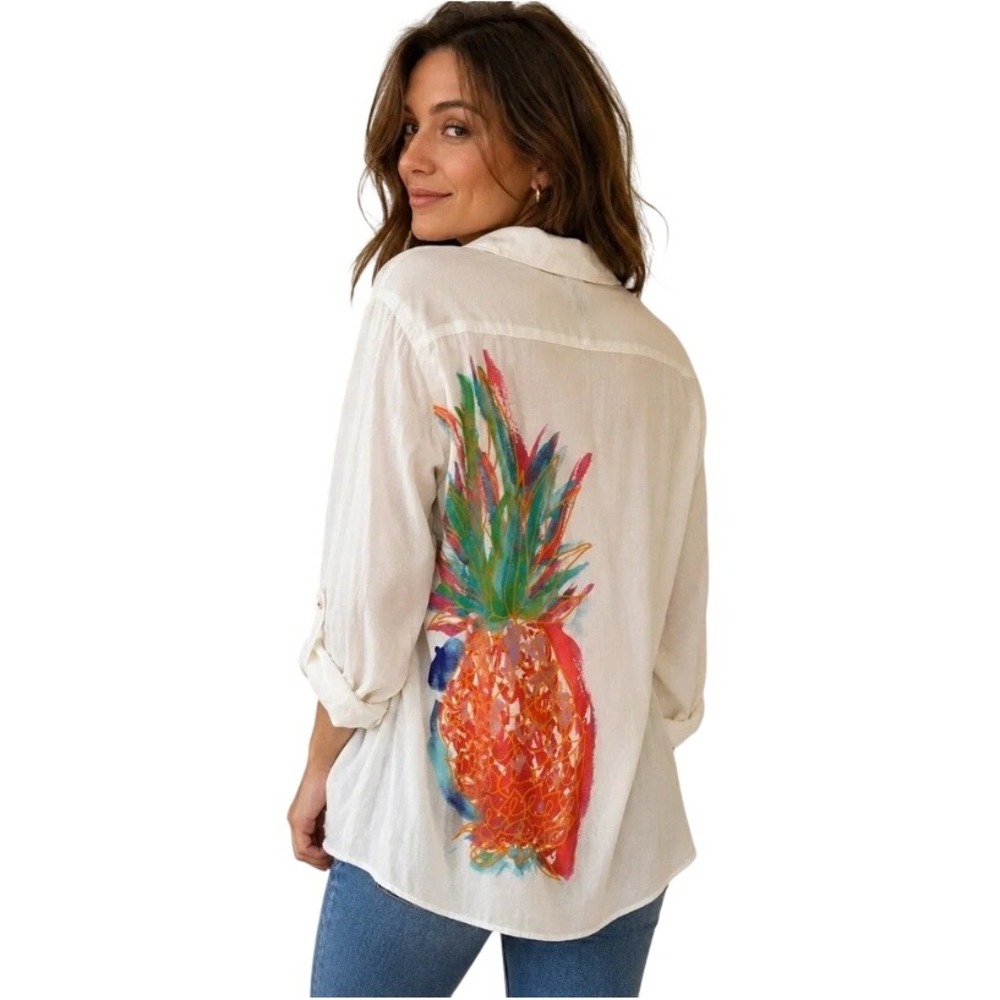 Tommy Bahama Womens White Pineapple Graphic Button Down Shirt Roll Tab Sleeves S